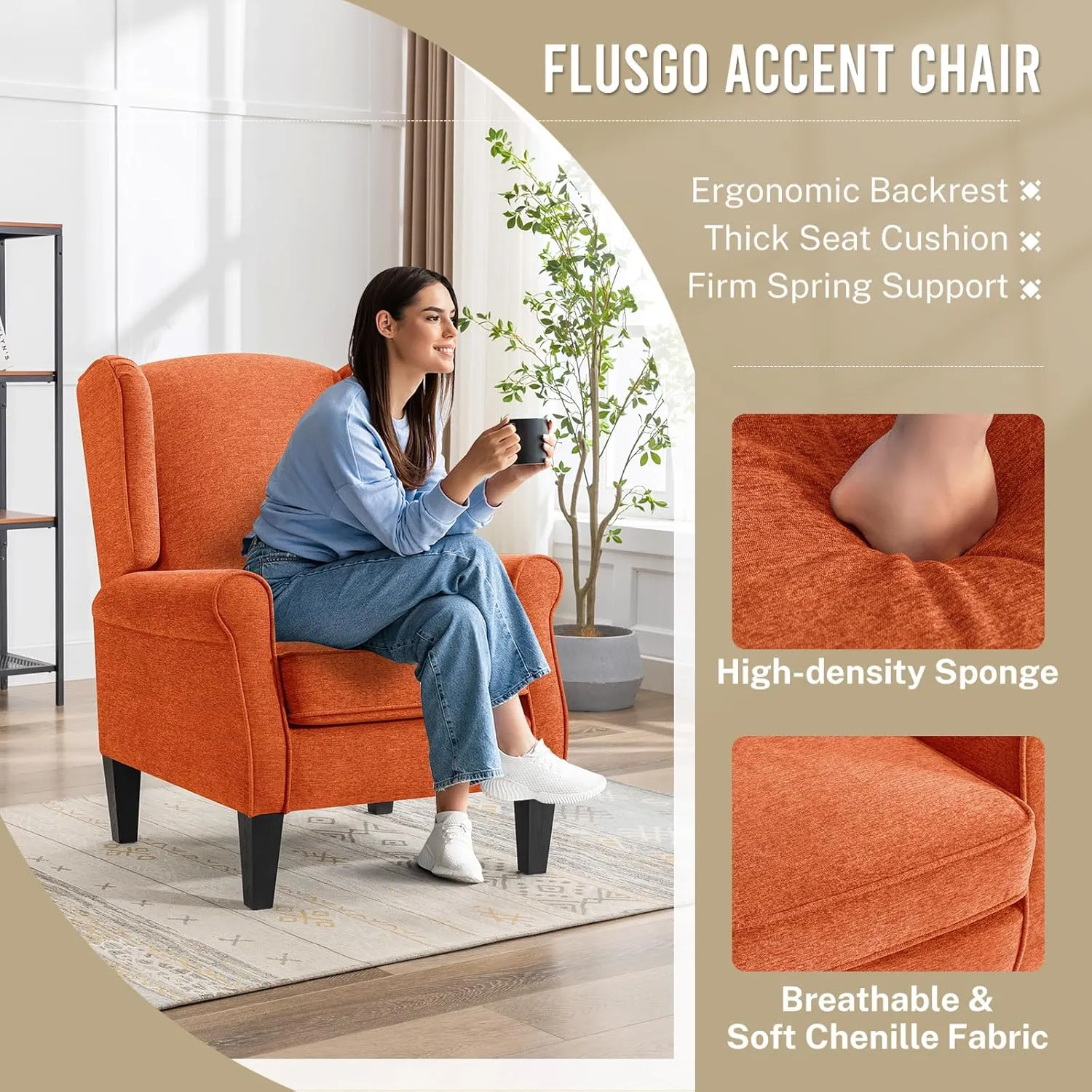 Modern Accent Chair, Chenille Fabric Armchair with High Resilience Sponge & Sturdy Legs, Comfy Single Sofa Chair for Bedroom, Living Room, Reading & Balcony