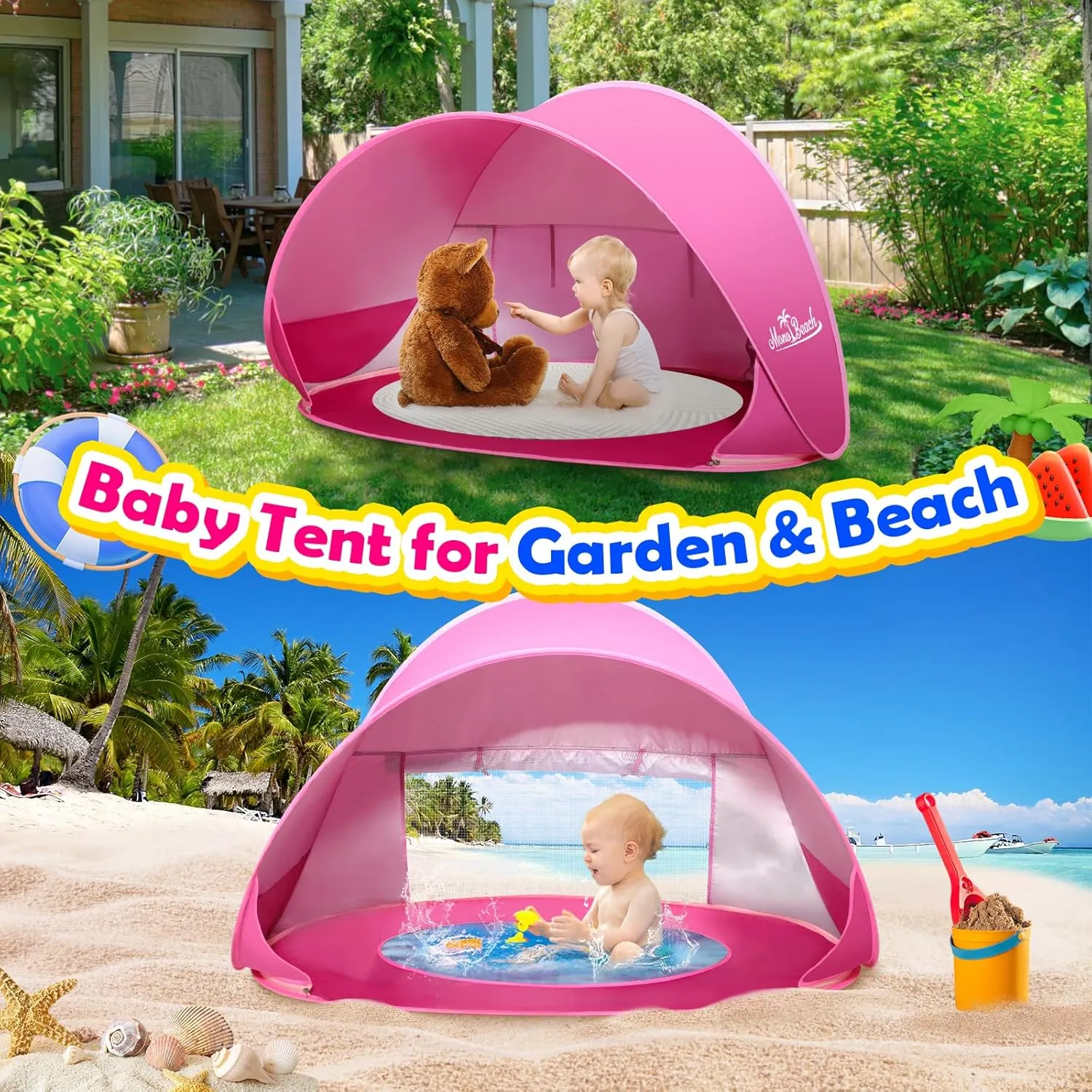 Monobeach Baby Beach Tent Pop Up Portable Shade Pool UPF50  UV Protection Sun Shelter for Infant with Easy Set Up Canopy (Pink Beach Tent)