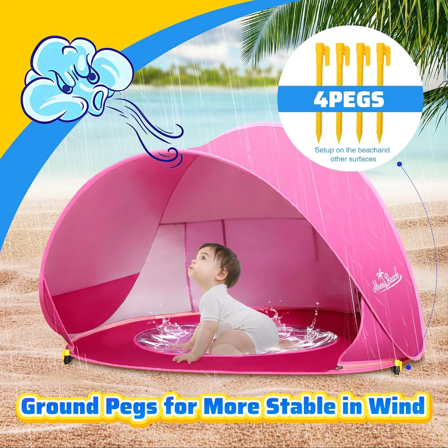 Monobeach Baby Beach Tent Pop Up Portable Shade Pool UPF50  UV Protection Sun Shelter for Infant with Easy Set Up Canopy (Pink Beach Tent)