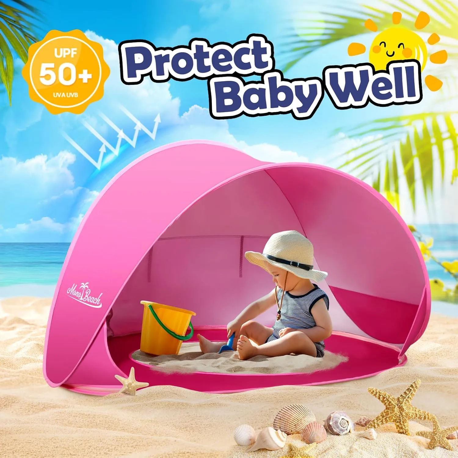 Monobeach Baby Beach Tent Pop Up Portable Shade Pool UPF50  UV Protection Sun Shelter for Infant with Easy Set Up Canopy (Pink Beach Tent)