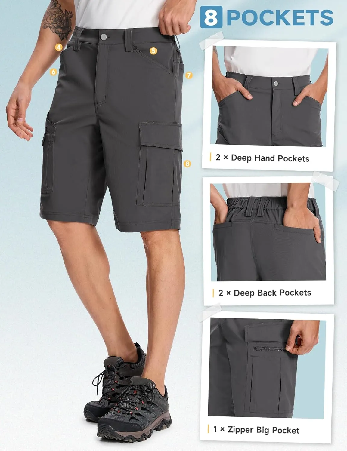 Moosehill Mens-Hiking-Shorts Cargo Lightweight Water Resistant Quick Dry Big & Tall with 8 Pockets for Tactical Work