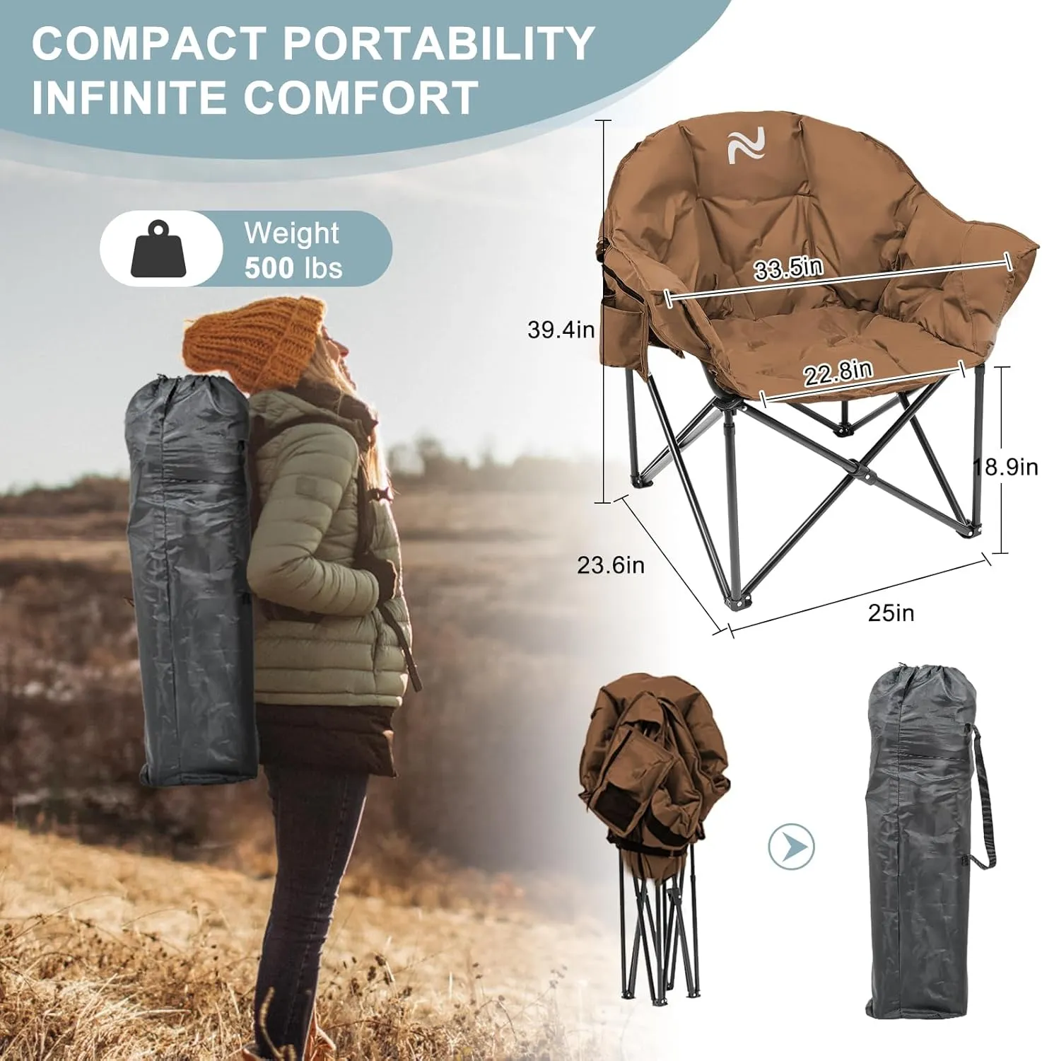 MOPHOTO Oversized Folding Camping Chair, Portable Oversize Camping Chairs for Adults, Fully Padded Folding Chairs Outdoor Sports, Lawn Chair Patio Lounge Chairs 500 LBS Capacity