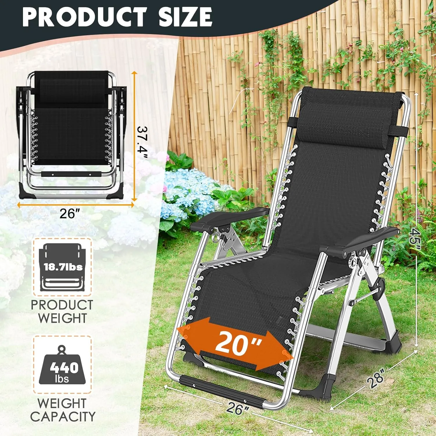 MOPHOTO Zero Gravity Chair, Outdoor Padded Lounge Chair with Side Table, Reclining Chair, Sturdy & Comfortable, Supports up to 440lbs