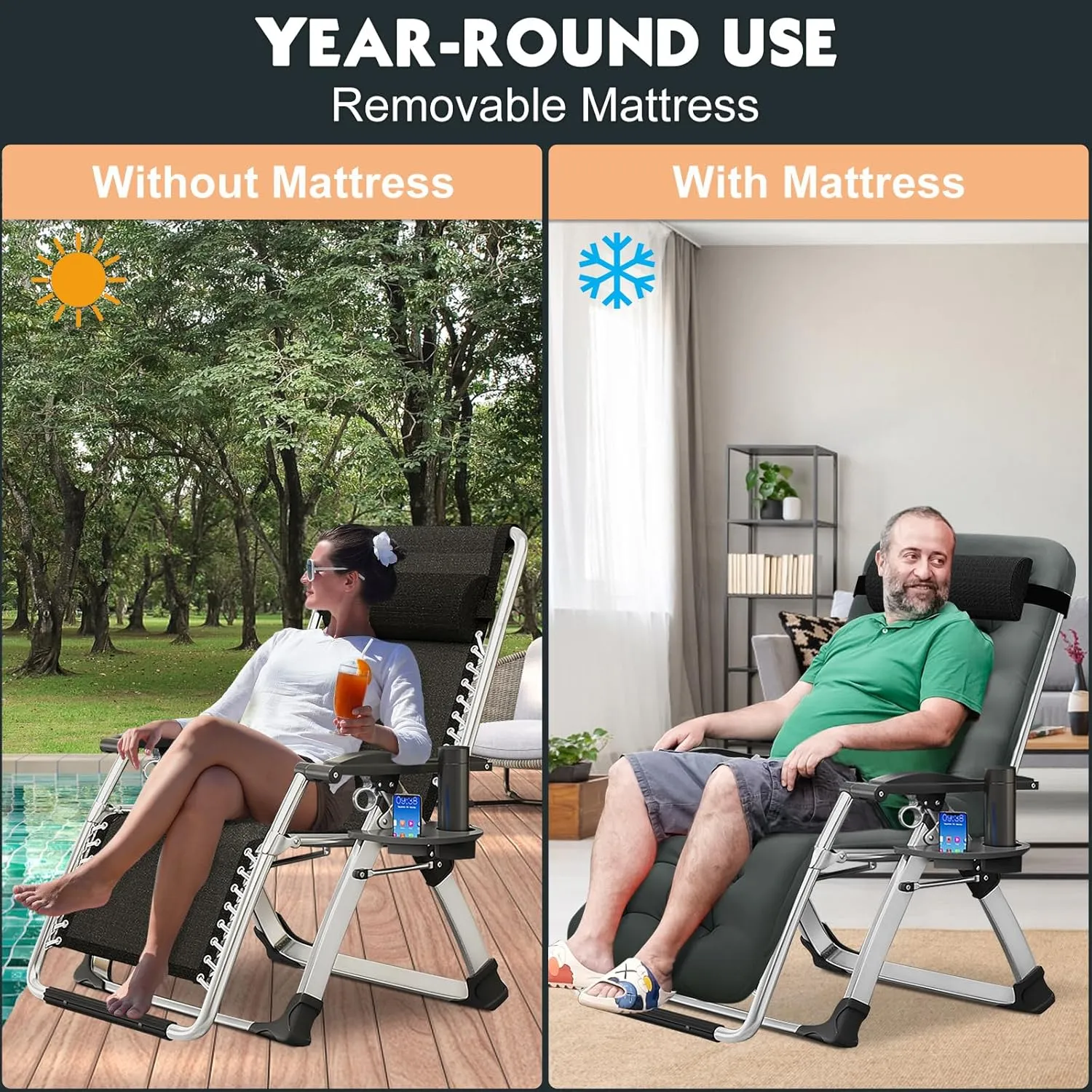 MOPHOTO Zero Gravity Chair, Outdoor Padded Lounge Chair with Side Table, Reclining Chair, Sturdy & Comfortable, Supports up to 440lbs