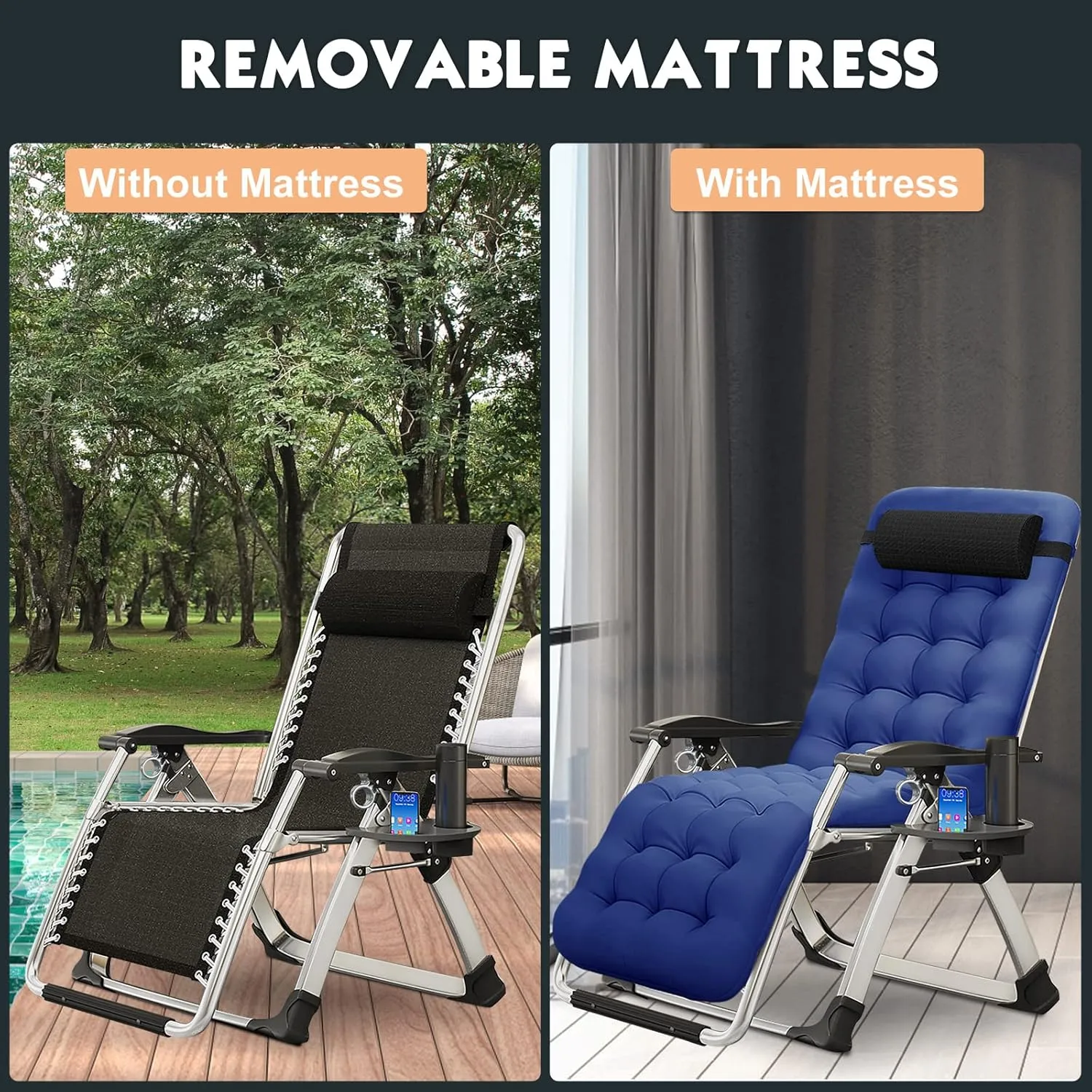 MOPHOTO Zero Gravity Chair, Outdoor Padded Lounge Chair with Side Table, Zero Gravity Recliner Chair, Outdoor Reclining Chair, Sturdy & Comfortable, Supports up to 440lbs