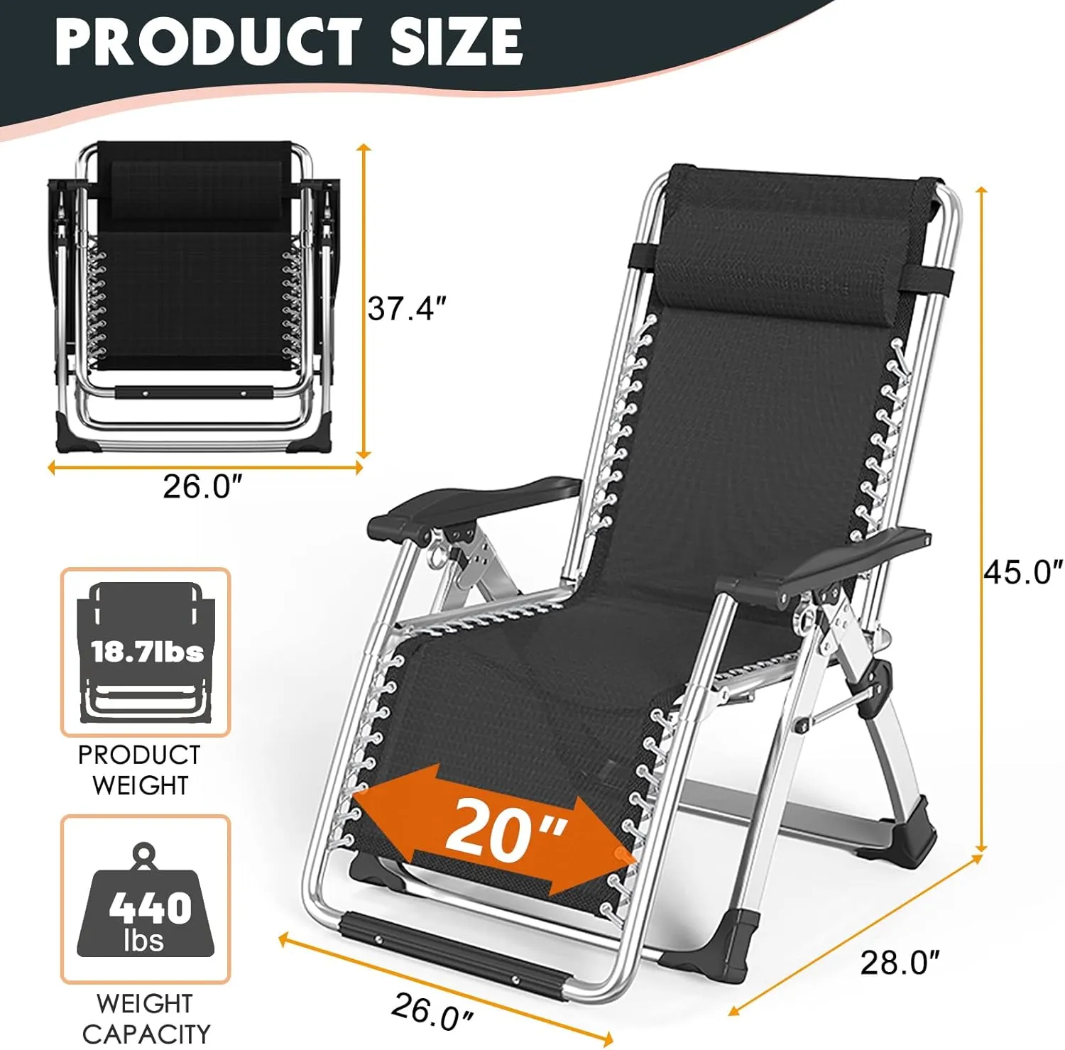 MOPHOTO Zero Gravity Chair, Outdoor Padded Lounge Chair with Side Table, Zero Gravity Recliner Chair, Outdoor Reclining Chair, Sturdy & Comfortable, Supports up to 440lbs