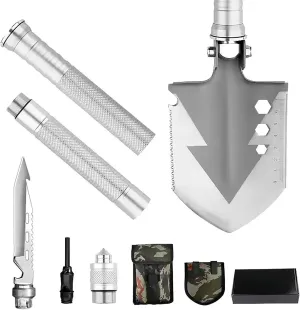 Multifunctional Portable Camping Shovel with 1/2/3 Thicken Extent Handles,High Alloy Steel Camping Shovel for Hiking,Hunting,Car Emergency,Storage Bag Included (Sliver M)