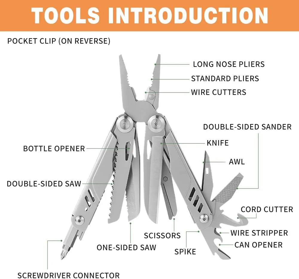 Multitool, 16-in-1 Stainless Steel Multi Tool, EDC Multitool with Pocket Knife, Pliers and Nylon Sheath, Home, Outdoors, Camping, Hiking