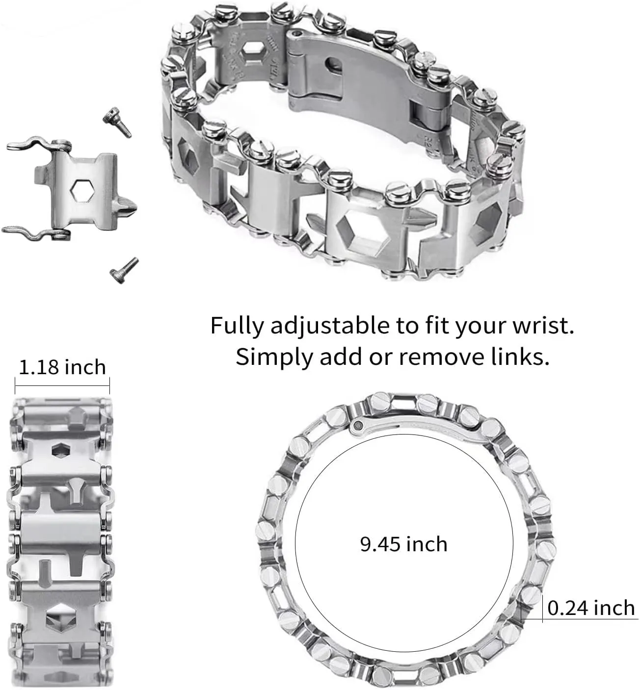 Multitool 29 in 1 Stainless Steel Multifunctional Bracelet, Travel Friendly, Survival Bracelet Suitable for Sailing, Travel, Camping, Hiking - Silver
