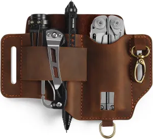 Multitool Leather Sheath for Belt,EDC Belt Organizer,Multitool Holster with Multi Tool Pouch,Tactical Pen Holder,Flashlight Holder and Key Holder,EDC Pouch for Men,Gift for Father