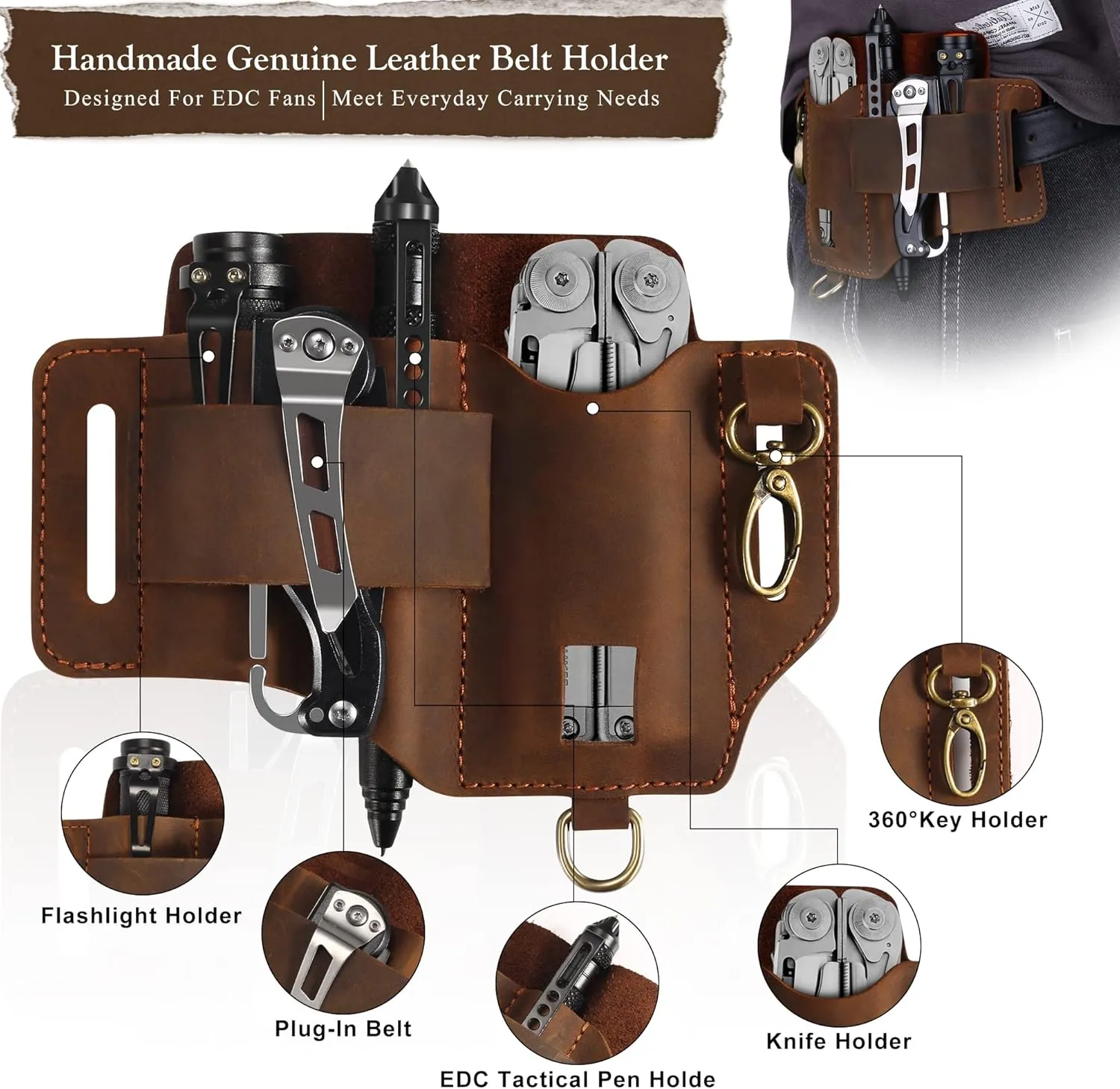 Multitool Leather Sheath for Belt,EDC Belt Organizer,Multitool Holster with Multi Tool Pouch,Tactical Pen Holder,Flashlight Holder and Key Holder,EDC Pouch for Men,Gift for Father