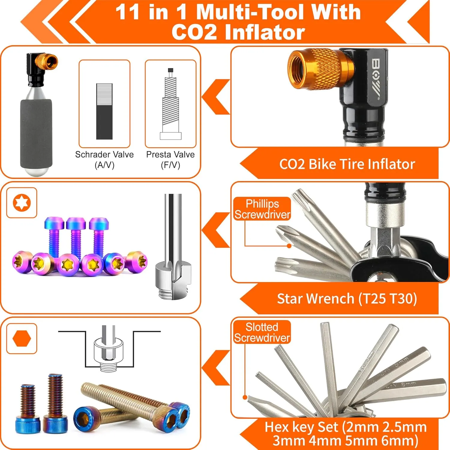 Multitool Wrench Set for Bike Tools with CO2 Inflator and Bone Wrench, Multi Function Accessories Set, Must-Have for Cyclist for Emergency/Repairs/Removing/Replacing/Maintenance/Gift