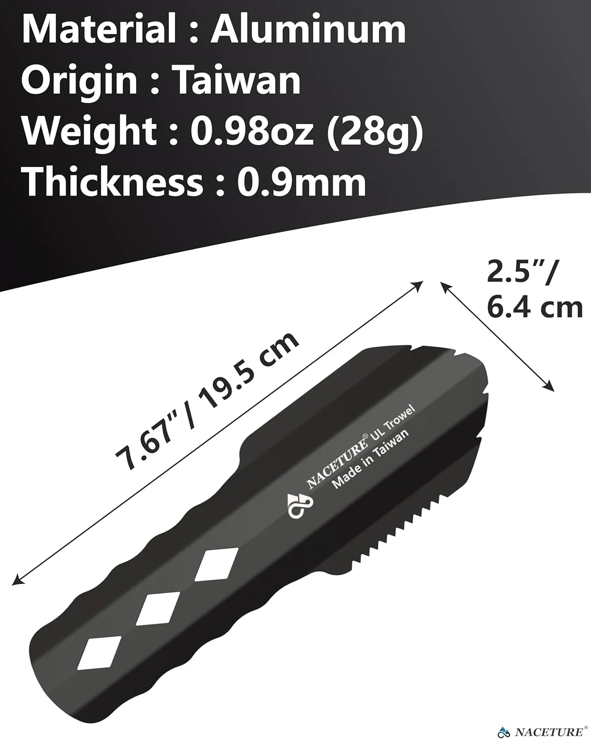 NACETURE Ultralight Backpacking Trowel Aluminum Shovel Small Potty Multitool with Longer Handle Design Essential for Hiking, Camping and Survival Bags(Black 1 Pack)