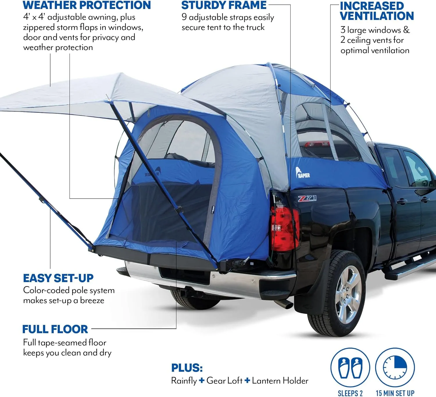 Napier Sportz Truck Bed Camping Tent - Waterproof 2-Person Tents - Easy to Install in 15 Minutes - Compact Storage Case - Sturdy Camp & Adventure Shelter - Spacious, Secure, Truck Accessories