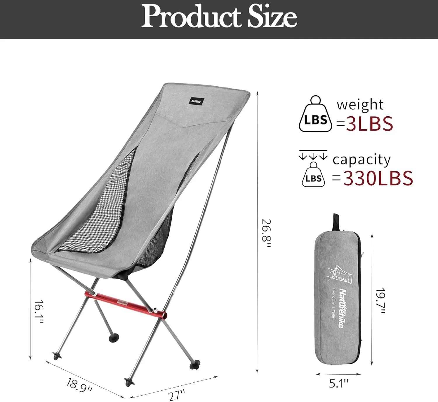 Naturehike Camping Chair, Foldable Chair with Storage Bag, Outdoor Portable Chair for Adults, Lightweight, Supports 330lbs, Backpacking Chair for Fishing, Hiking, Beach, Lawn (Grey/L)
