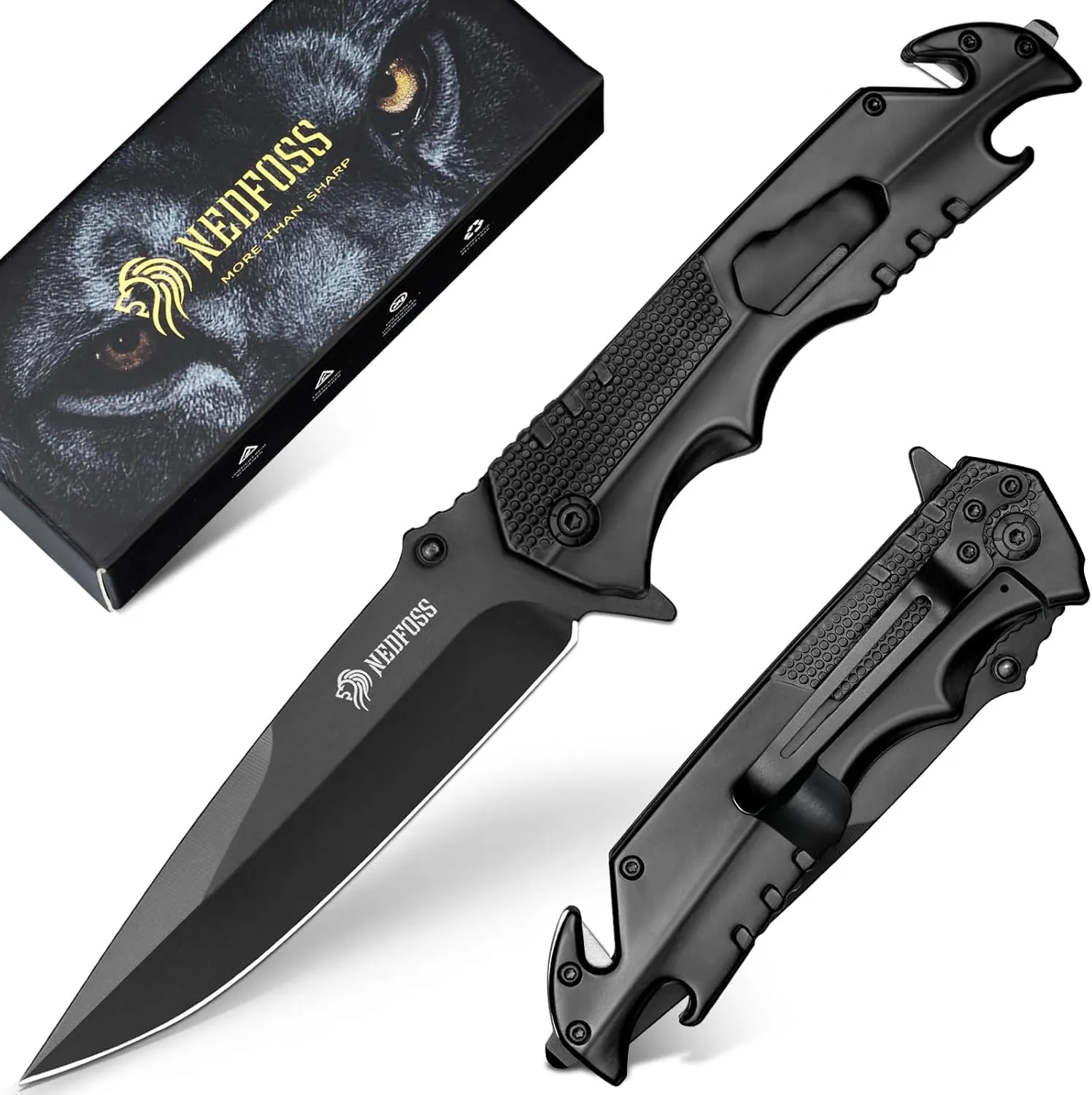 NedFoss FA48 Pocket Knife for Men, 5-in-1 Multitool Folding Knife with Frame-Lock, Bottle Opener, Glass Breaker, Seatbelt Cutter and Wrench, Survival Knife for Emergency Rescue, Camping, Work