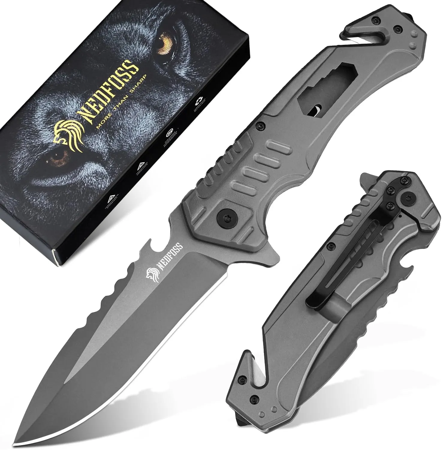 NedFoss T39 Pocket Knife for Men, 3.7" D2 Steel Blade, Frame Lock, 6 in 1 Folding Tactical Knife with Bottle Opener, Glass Breaker, Seatbelt Cutter and Wrench, Belt Clip for Work, Rescue