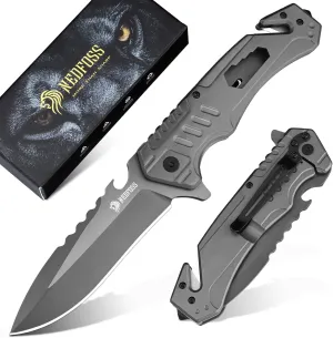 NedFoss T39 Pocket Knife for Men, 3.7" D2 Steel Blade, Frame Lock, 6 in 1 Folding Tactical Knife with Bottle Opener, Glass Breaker, Seatbelt Cutter and Wrench, Belt Clip for Work, Rescue