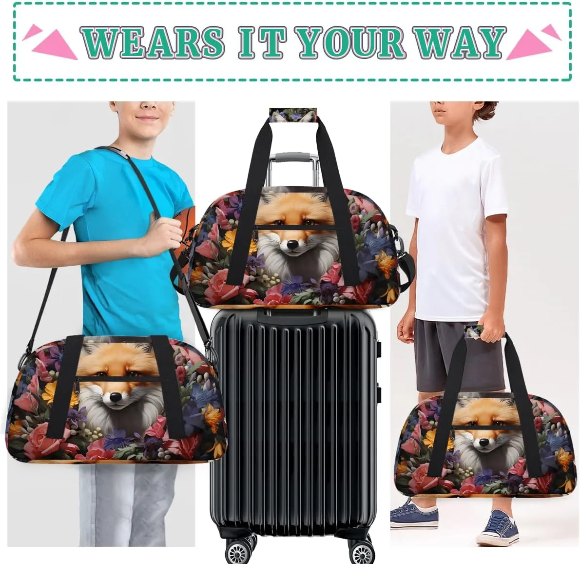 Nice Fox Kids Overnighter Duffel Bags for Boys, Carry-On Size Sports Gym Bag with Front Zipper Pocket for School Practice or Overnight Travel Weekender Sleepover Tote Bag