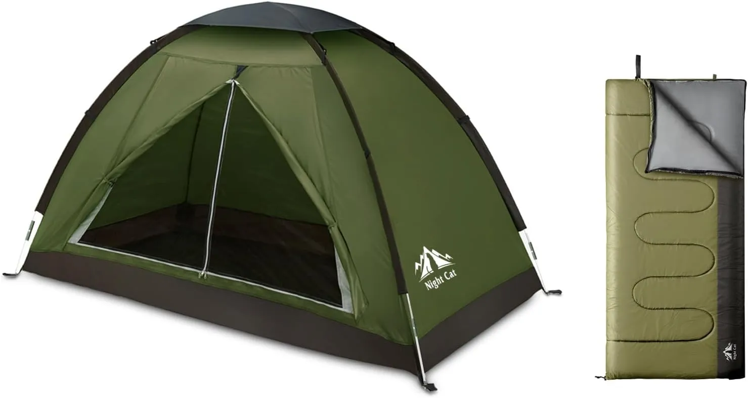 Night Cat Backpacking Tent with Sleeping Bag Lightweight Waterproof Portable Easy Setup Outdoors for One 1 to 2 Persons