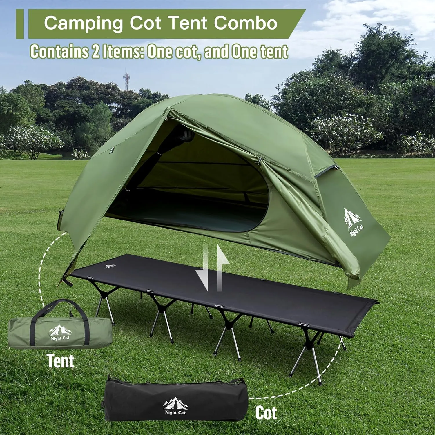 Night Cat Camping Cot Tent for 1 Person Off Ground Elevated Tent Cot Foldable Camping Sleeping Bed with Rainfly Waterproof Green