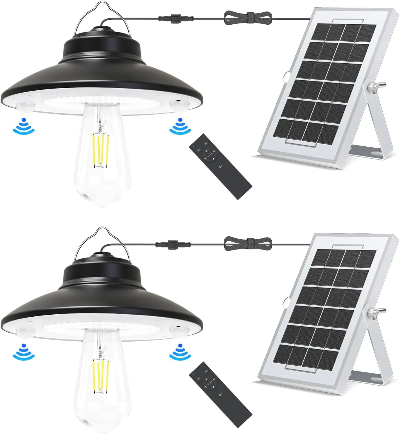 NIORSUN Solar Indoor Outdoor Shed Light with 7000k Cool Whtie 3 Modes Waterproof, Dual Motion Sensors Solar Powered Hanging Barn Light with Remote Control for Shed,Garden, Patio, Garage, Camp,2 Pack
