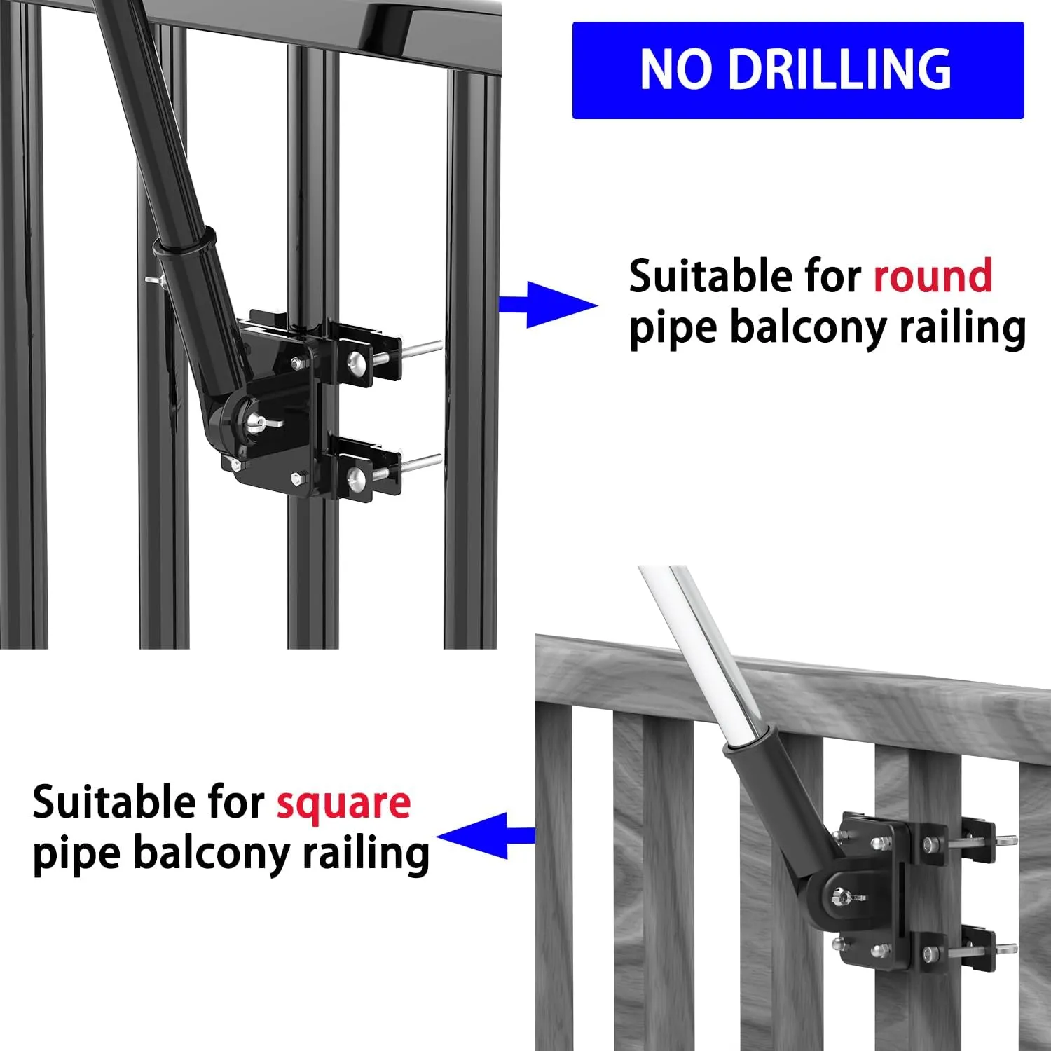 NO Drilling Flagpole Mount Fit for Balcony Railing - Flag Pole Holder Perfect for Porch & Fence - fit Round and Square Railing with Anti-Skid Silicone Patches - for 1 inch or thinner flagpole (Black)
