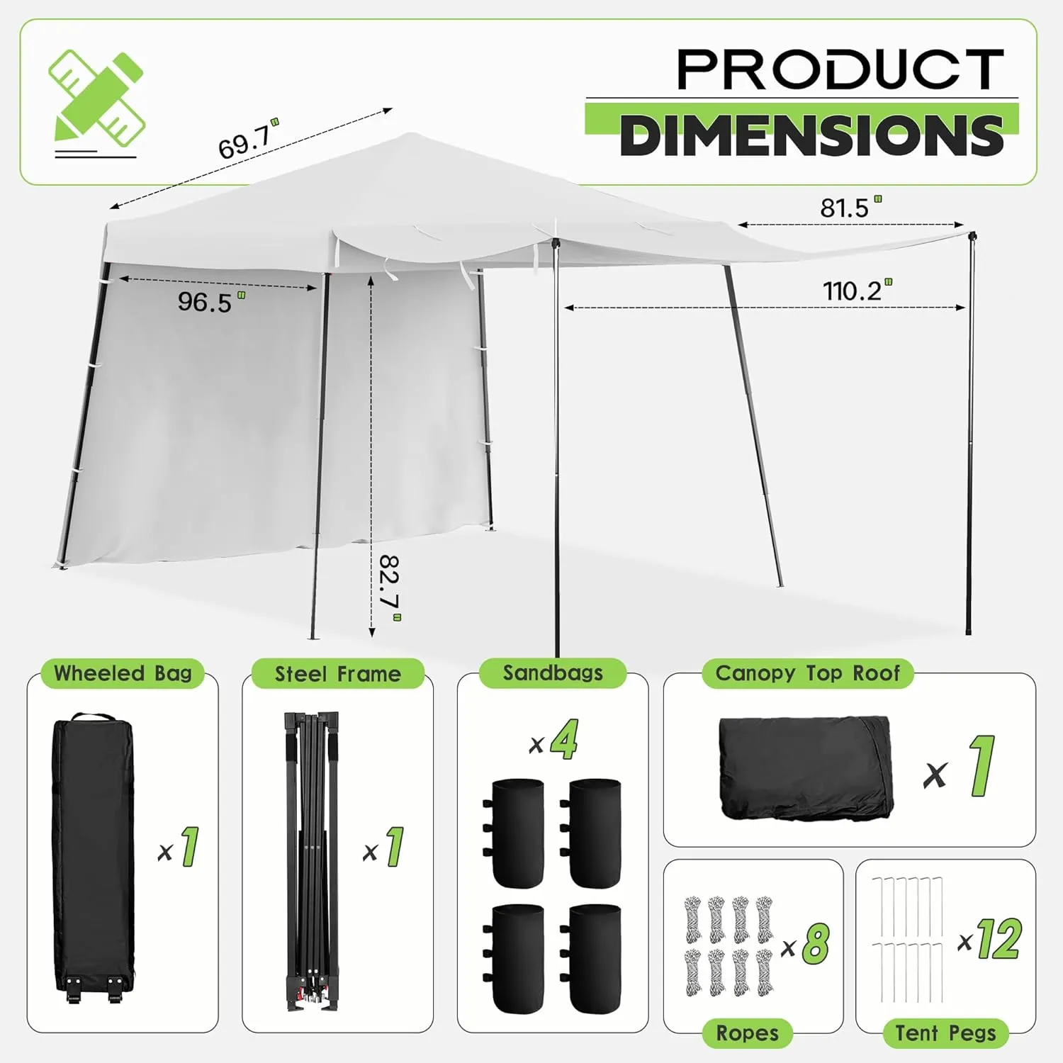 Oakmont 8×8ft Pop-up Outdoor Canopy Tent with 2 Expandable Sidewalls for Parties, Beach, and Camping, Patio Shade Canopy with 1 Wheeled Bag, Bonus 4 Sandbags, 12 Ground Stakes, and 8 Ropes (White)