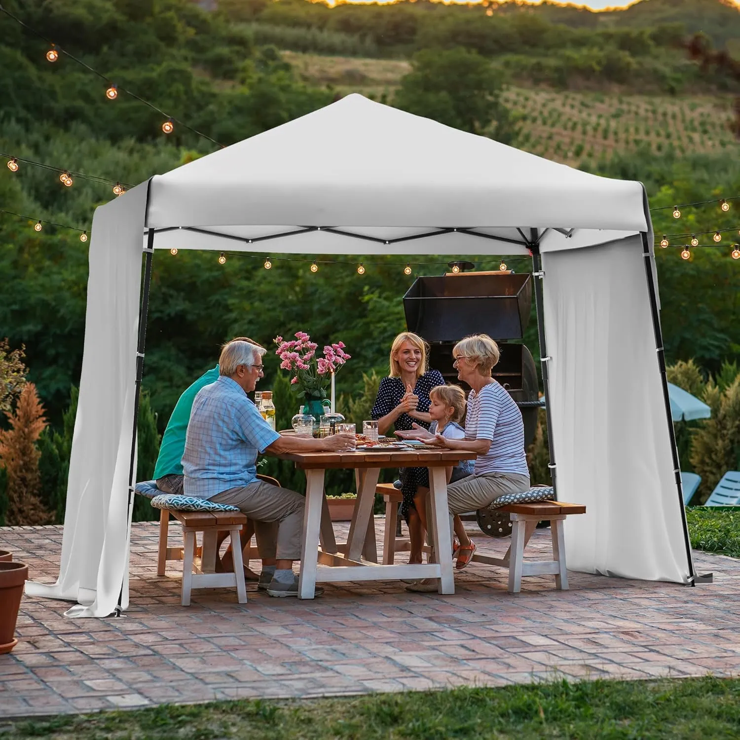 Oakmont 8×8ft Pop-up Outdoor Canopy Tent with 2 Expandable Sidewalls for Parties, Beach, and Camping, Patio Shade Canopy with 1 Wheeled Bag, Bonus 4 Sandbags, 12 Ground Stakes, and 8 Ropes (White)