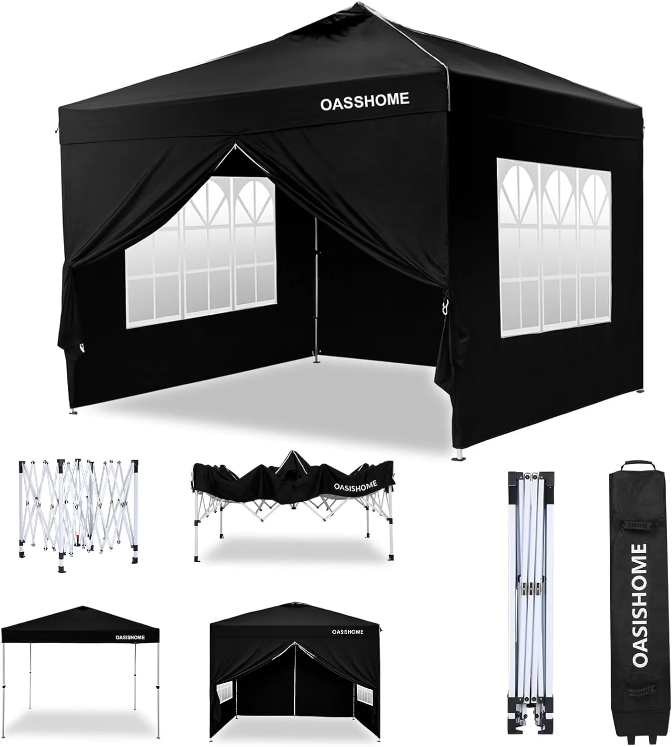 OASISHOME One Push Setup Pop-up Gazebo Portable Canopy Tent 10'x10', with 4 Sidewalls,Wheeled Bag,Waterproof, UV Protection, Heavy-Duty Steel Frame for Patio/Outdoor/Wedding Parties and Events (Black)