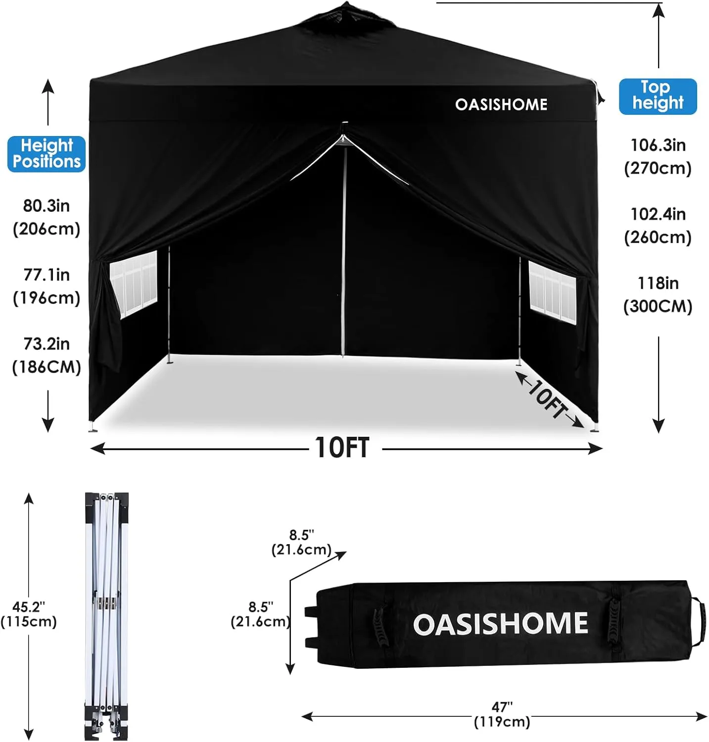 OASISHOME One Push Setup Pop-up Gazebo Portable Canopy Tent 10'x10', with 4 Sidewalls,Wheeled Bag,Waterproof, UV Protection, Heavy-Duty Steel Frame for Patio/Outdoor/Wedding Parties and Events (Black)