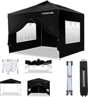 OASISHOME One Push Setup Pop-up Gazebo Portable Canopy Tent 10'x10', with 4 Sidewalls,Wheeled Bag,Waterproof, UV Protection, Heavy-Duty Steel Frame for Patio/Outdoor/Wedding Parties and Events (Black)