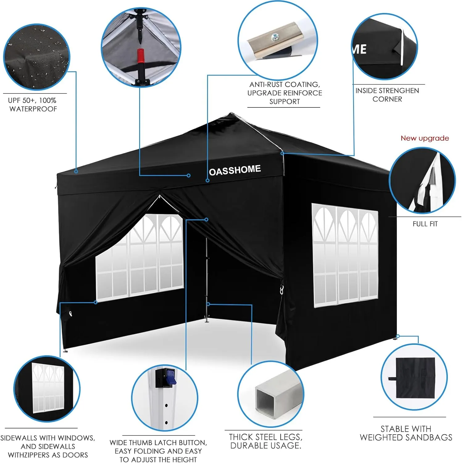 OASISHOME One Push Setup Pop-up Gazebo Portable Canopy Tent 10'x10', with 4 Sidewalls,Wheeled Bag,Waterproof, UV Protection, Heavy-Duty Steel Frame for Patio/Outdoor/Wedding Parties and Events (Black)