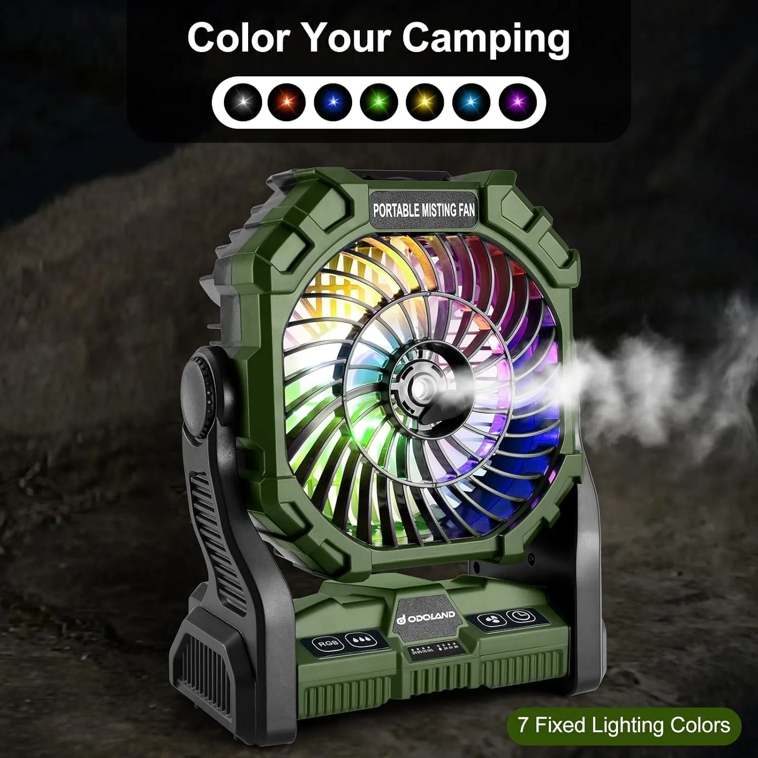 Odoland Portable Camping Misting Fan with LED Light, 20000mAh Battery Operated Rechargeable Mister Fan with 250mL Water Tank, Hook, Outdoor Tent Cooling Fans for Patios Beach Travel Home Summer, Green