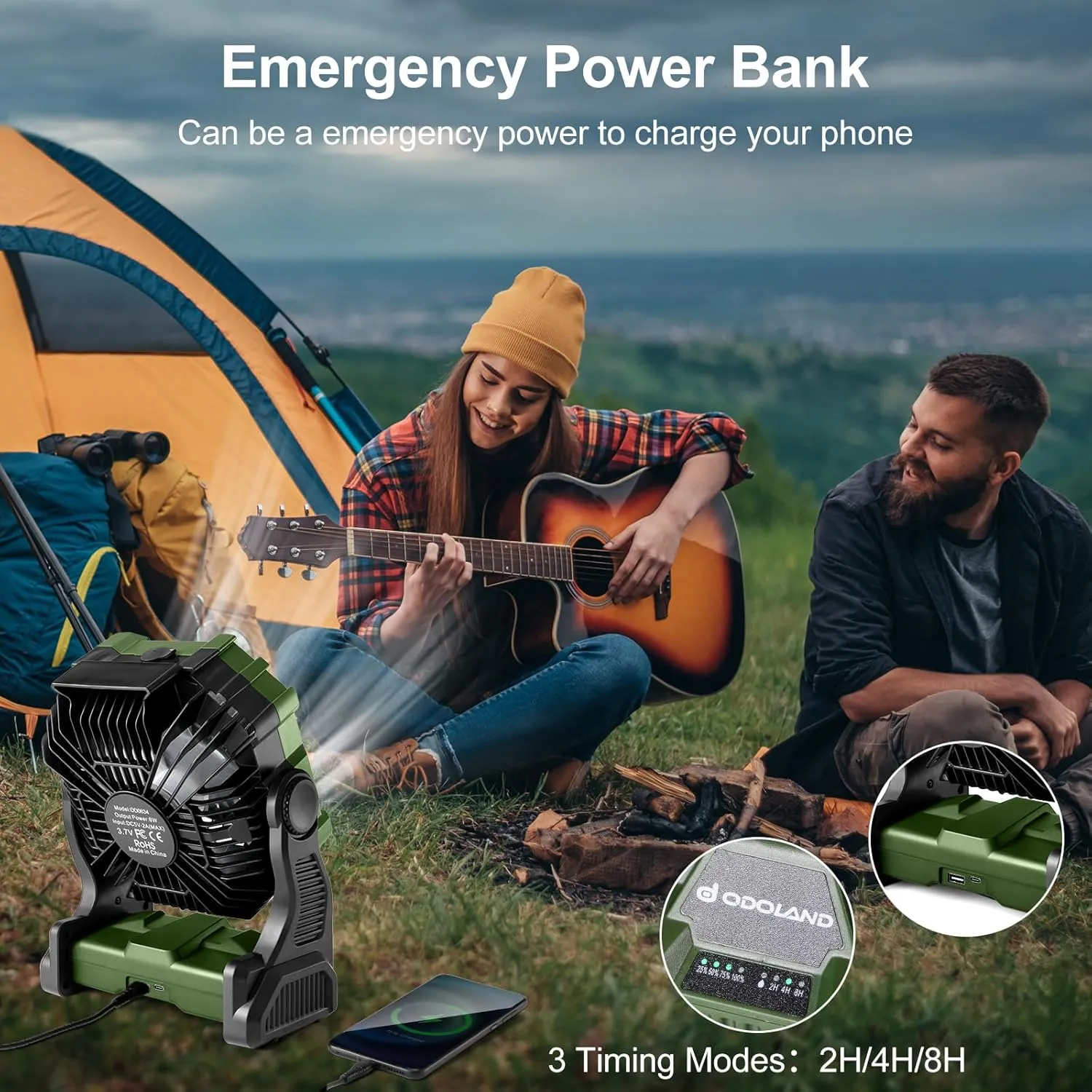 Odoland Portable Camping Misting Fan with LED Light, 20000mAh Battery Operated Rechargeable Mister Fan with 250mL Water Tank, Hook, Outdoor Tent Cooling Fans for Patios Beach Travel Home Summer, Green