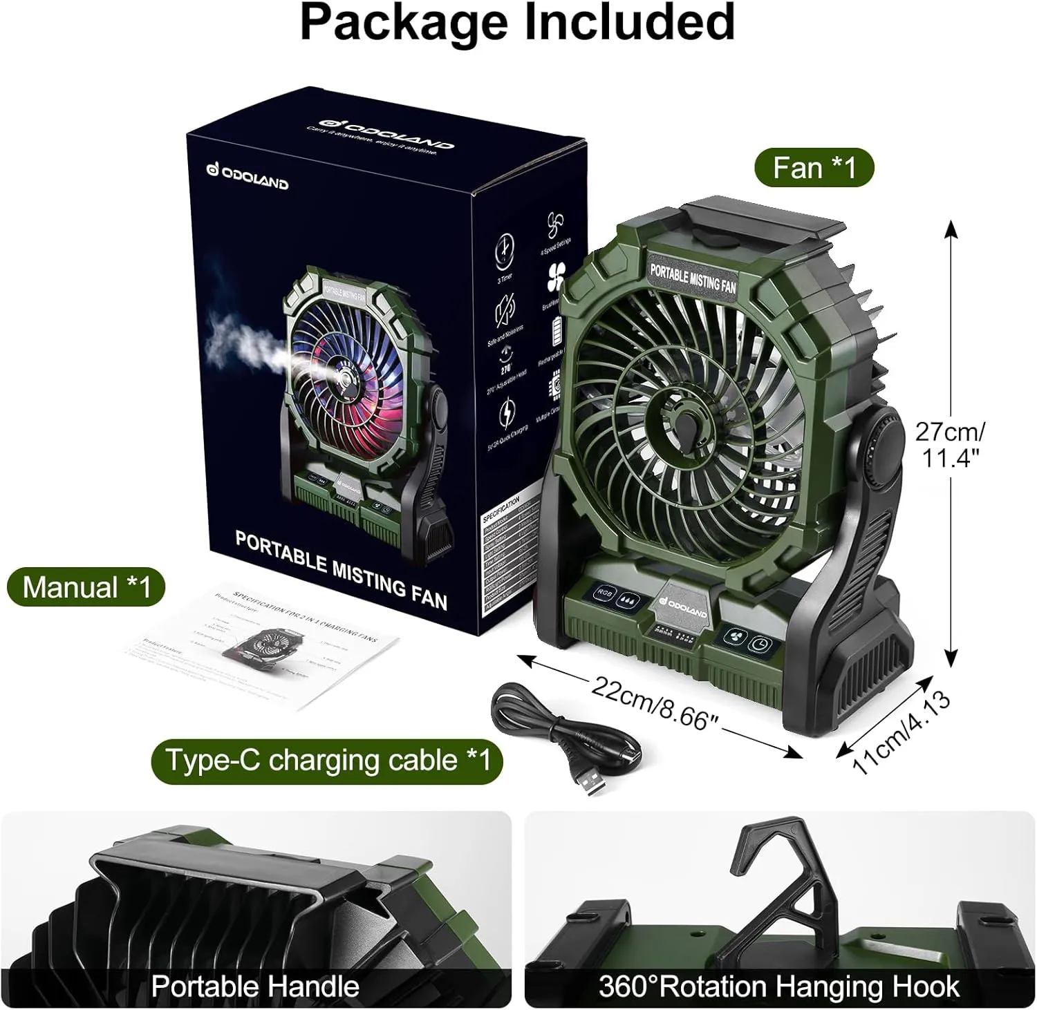 Odoland Portable Camping Misting Fan with LED Light, 20000mAh Battery Operated Rechargeable Mister Fan with 250mL Water Tank, Hook, Outdoor Tent Cooling Fans for Patios Beach Travel Home Summer, Green