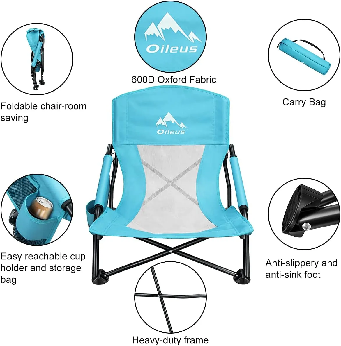 Oileus Low Beach Chair for Beach Tent/Shelter & Camping/Outdoor Ultralight Backpacking Folding Recliner Chairs with Cup Holder/Storage Bag, Carry Bag, Breeze Mesh Back, Compact Duty 1 Pcs Chair