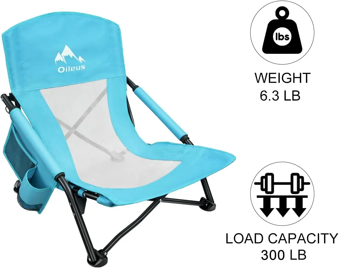 Oileus Low Beach Chair for Beach Tent/Shelter & Camping/Outdoor Ultralight Backpacking Folding Recliner Chairs with Cup Holder/Storage Bag, Carry Bag, Breeze Mesh Back, Compact Duty 1 Pcs Chair
