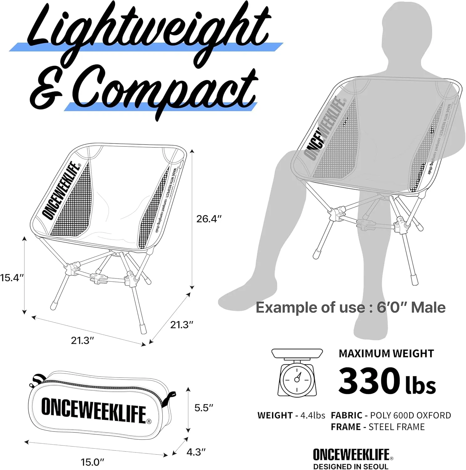 ONCEWEEKLIFE® Compact Camping Chair - Folding Chair, Foldable Lightweight Foldable Outdoor Chairs for Hiking Mountaineering Beach, and Backpacking 330 lbs Capacity (Gray)