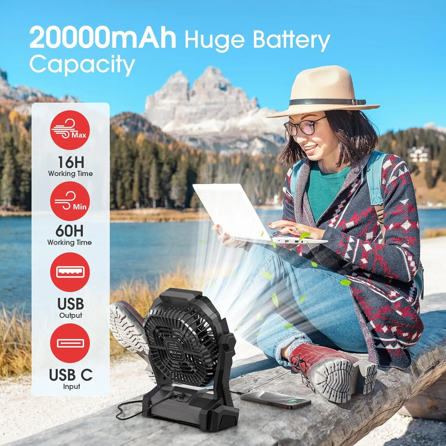 ONLYNEW Portable Fan Rechargeable, 20000mAh Cordless Battery Powered Fan with LED Lantern, USB C Battery Operated for Travel Bedroom Home Camping Tent Office Beach Desk Fishing Table