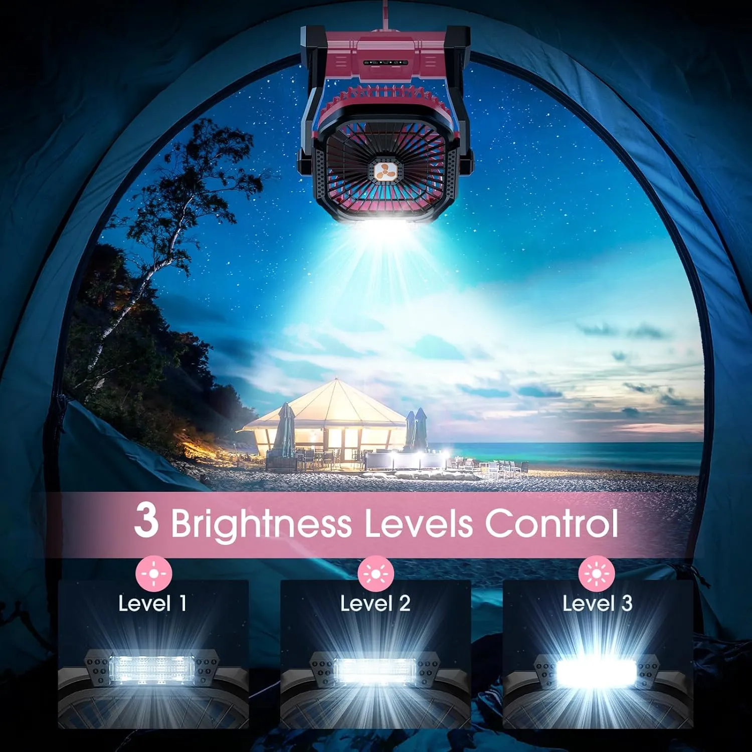 ONLYNEW Portable Fan Rechargeable, 20000mAh Cordless Battery Powered Table Fan with LED Lantern, USB C Battery Operated for Travel Home Camping Tent Office Beach Desk Fishing Pink