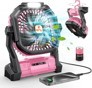 ONLYNEW Portable Fan Rechargeable, 20000mAh Cordless Battery Powered Table Fan with LED Lantern, USB C Battery Operated for Travel Home Camping Tent Office Beach Desk Fishing Pink