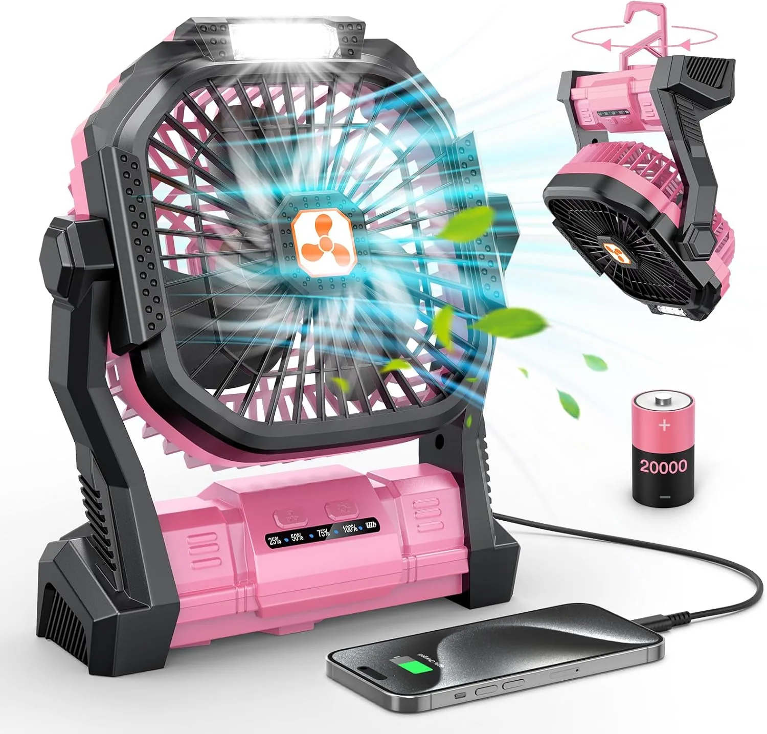 ONLYNEW Portable Fan Rechargeable, 20000mAh Cordless Battery Powered Table Fan with LED Lantern, USB C Battery Operated for Travel Home Camping Tent Office Beach Desk Fishing Pink