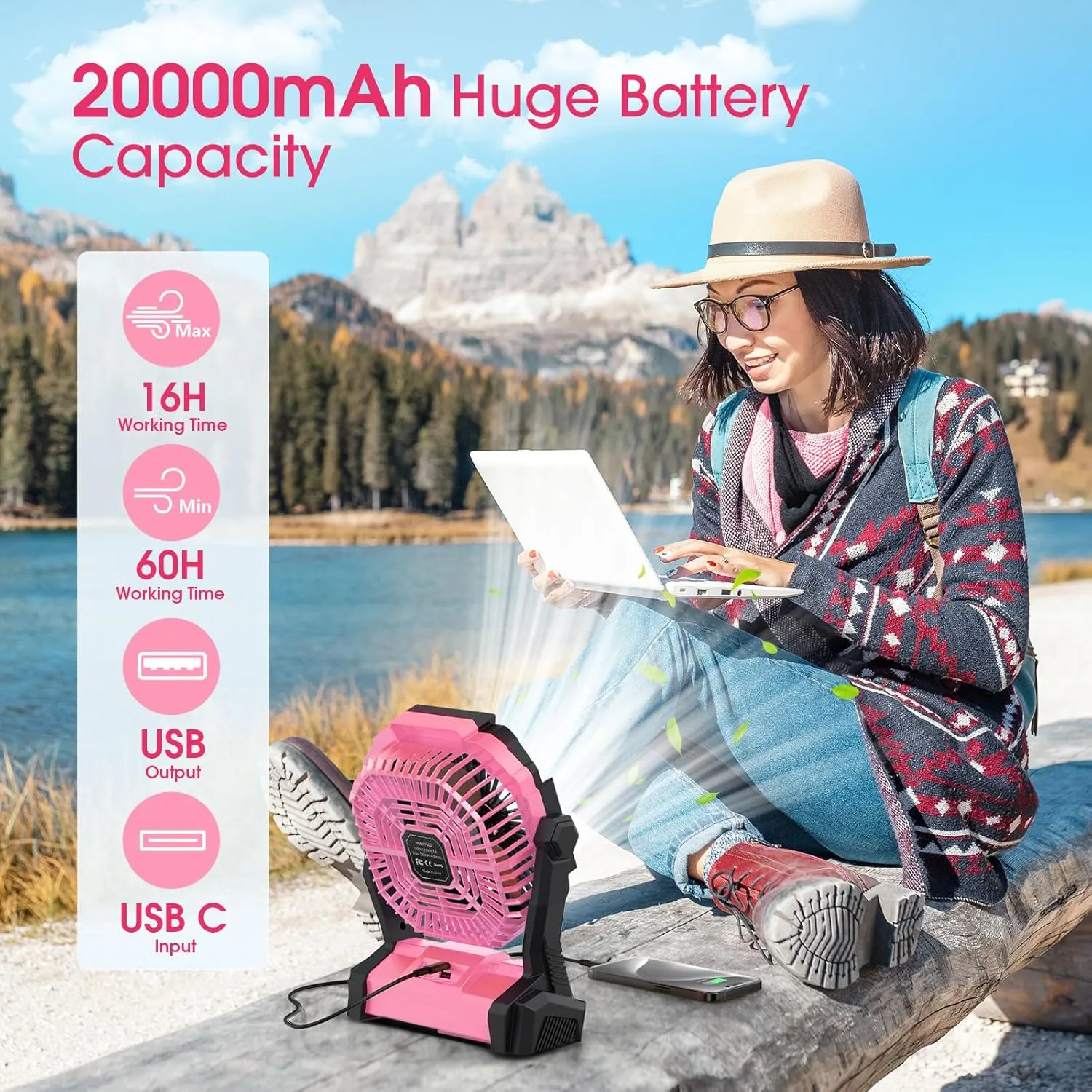 ONLYNEW Portable Fan Rechargeable, 20000mAh Cordless Battery Powered Table Fan with LED Lantern, USB C Battery Operated for Travel Home Camping Tent Office Beach Desk Fishing Pink