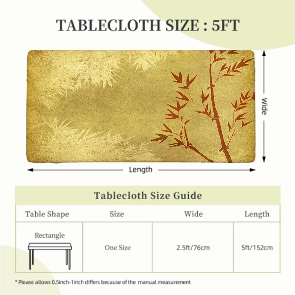 Orange Gold Fitted Tablecloth Cover, Watercolor Print Bamboo Stems Tablecloth Elastic Edge Fitted Table Cover Leaves Bamboo Fits up 5 Foot Tables