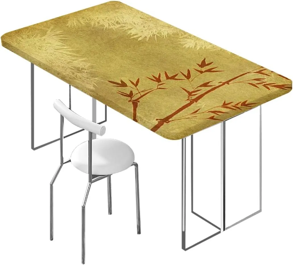Orange Gold Fitted Tablecloth Cover, Watercolor Print Bamboo Stems Tablecloth Elastic Edge Fitted Table Cover Leaves Bamboo Fits up 5 Foot Tables