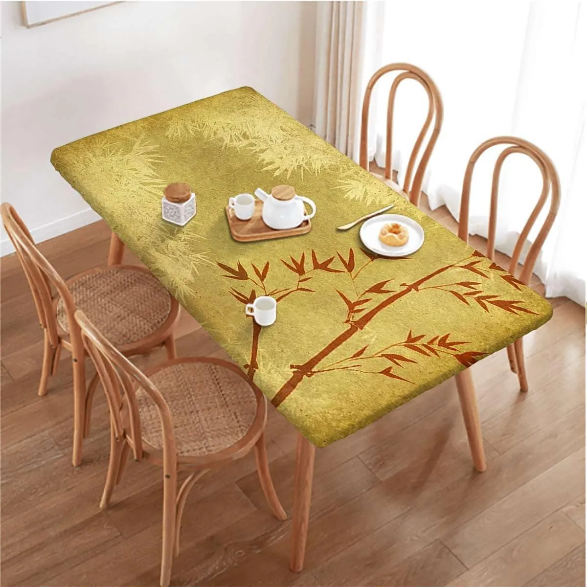 Orange Gold Fitted Tablecloth Cover, Watercolor Print Bamboo Stems Tablecloth Elastic Edge Fitted Table Cover Leaves Bamboo Fits up 5 Foot Tables