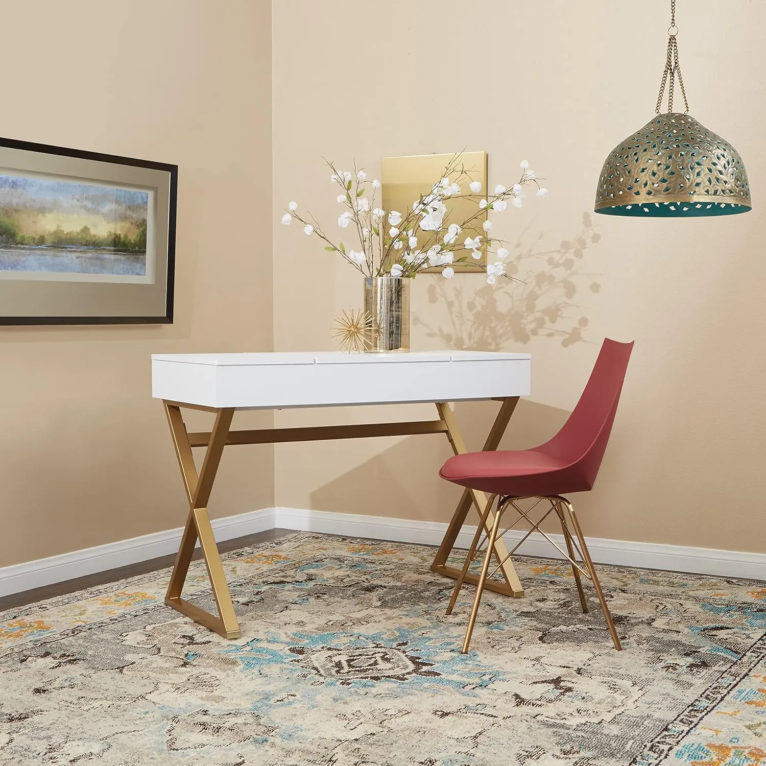 OSP Home Furnishings Oakley Mid-Century Modern Bucket Dining Chair with Faux Leather Padded Seat, Desert Rose