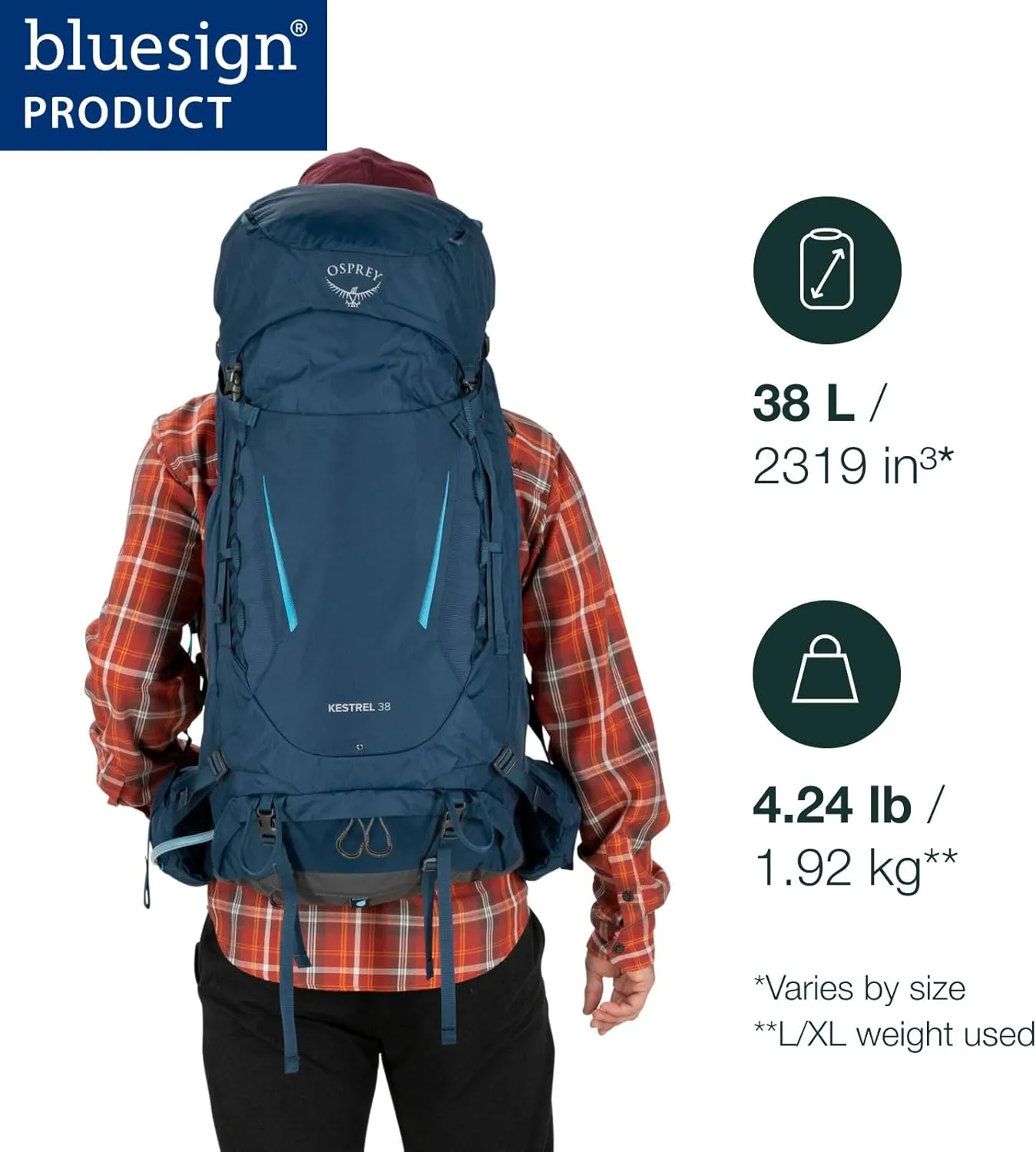 Osprey Kestrel 38L Men's Backpacking Backpack, Atlas Blue, L/XL