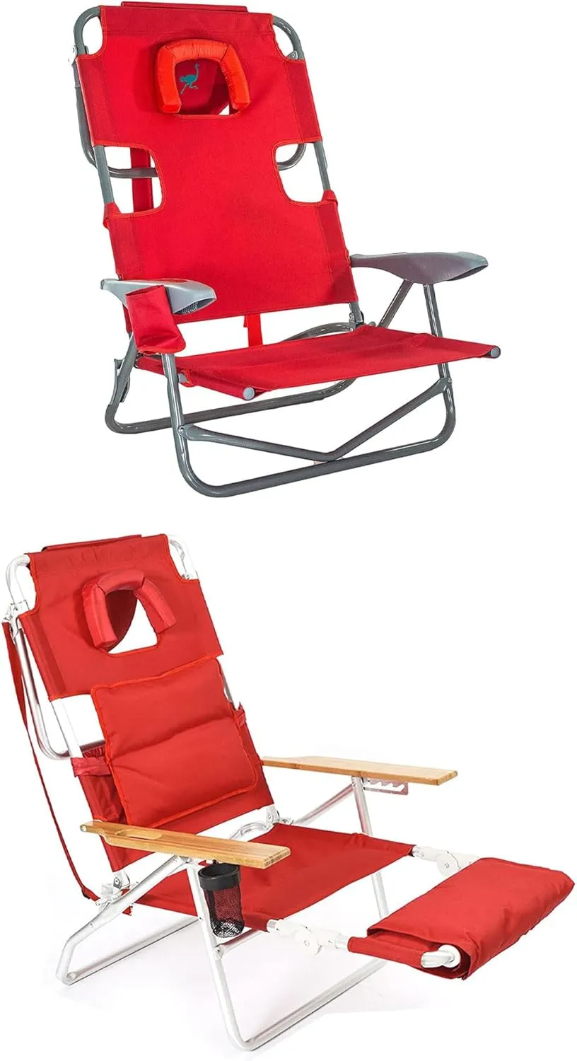 Ostrich Portable On-Your-Back Outdoor Camping Recliner w/5 Positions & Deluxe 3-in-1 Padded Sports Chair w/5 Positions and Footrest, Red